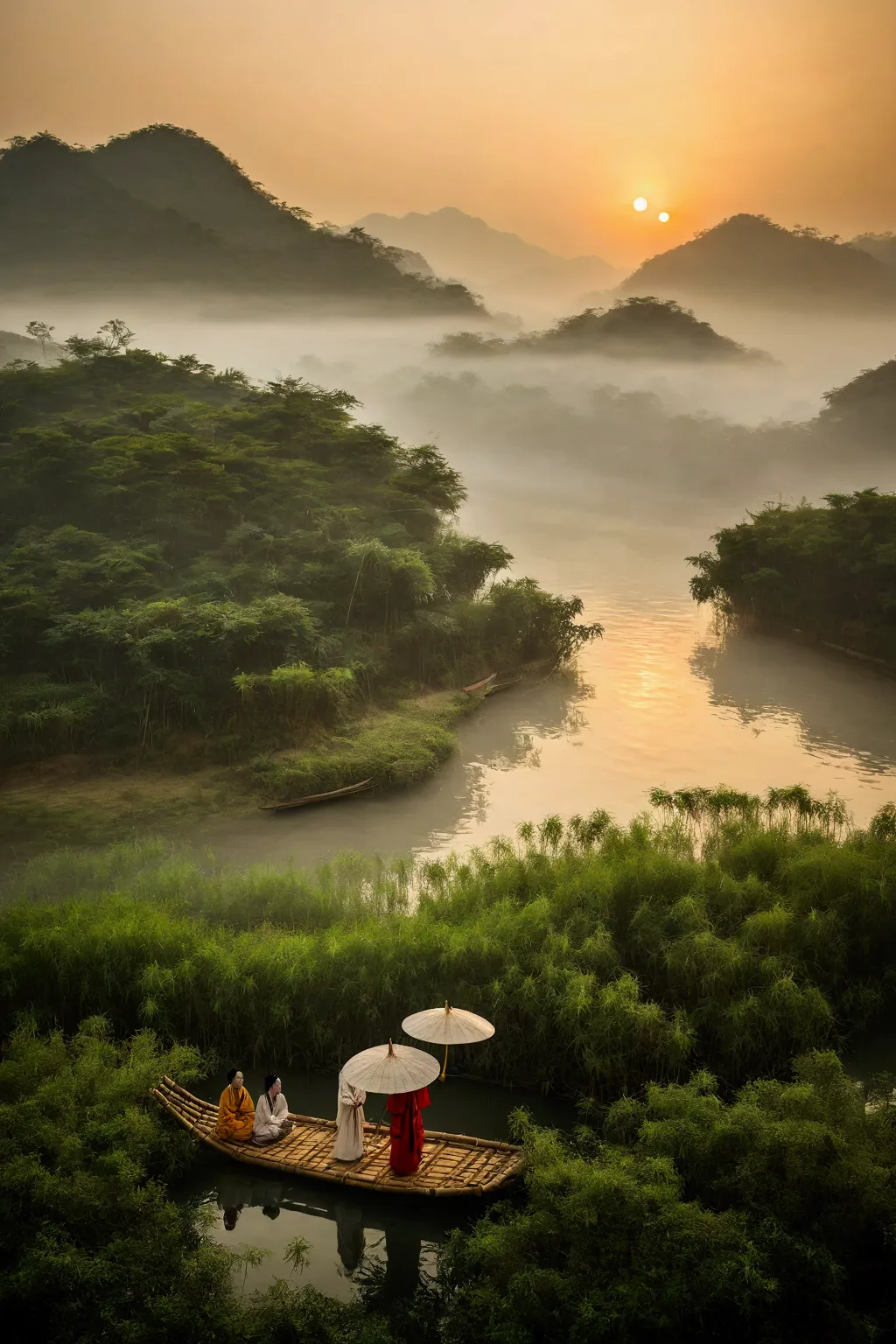 misty，sunset through the fog，aerial view of a 92-degree angle shot of a bamboo raft tied with bamboo，a woman wearing chinese han...