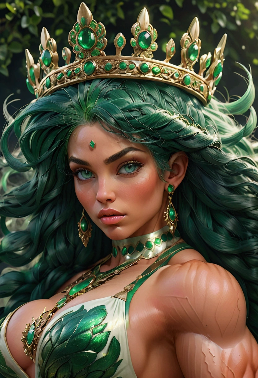 A muscular female goddess with green hair, detailed face, beautiful emerald green eyes, plump lips, porcelain skin, intricate ornate crown, flowing green hair, powerful physique, ethereal glowing aura, goddess of nature, 4k, ultra-detailed, hyper realistic, cinematic lighting, dramatic shadows, vibrant colors, digital art, concept art, fantasy, epic scale, masterpiece