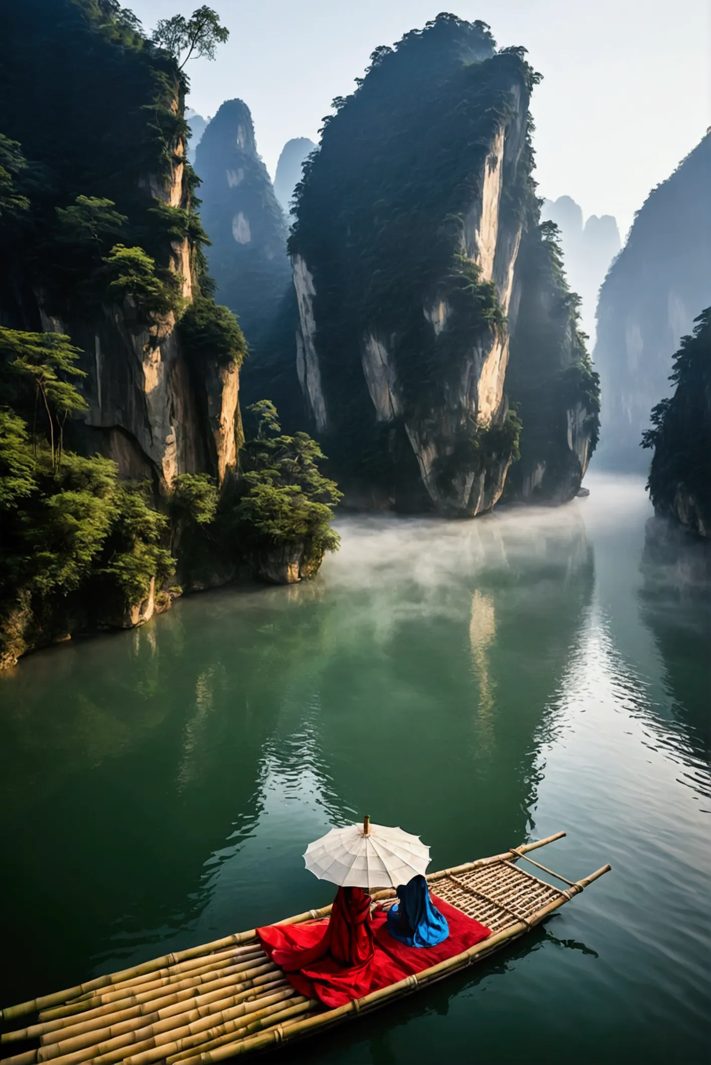 misty，sunset through the fog，aerial view of a 92-degree angle shot of a bamboo raft tied with bamboo，a woman wearing chinese han...