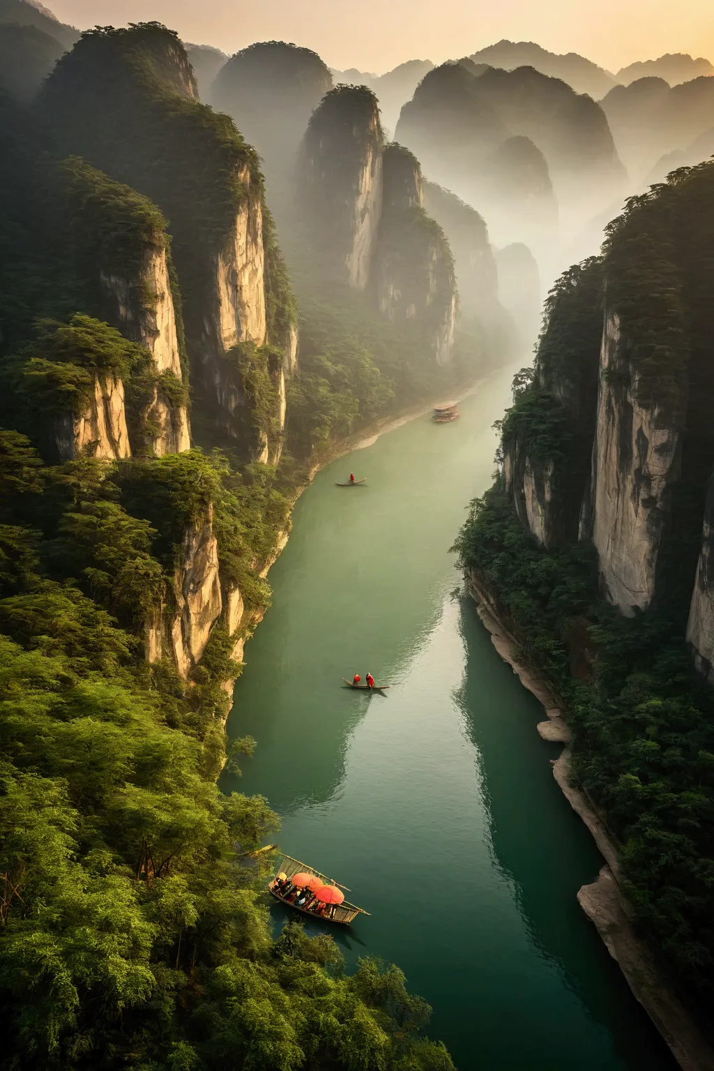 misty，sunset through the fog，aerial view of a 92-degree angle shot of a bamboo raft tied with bamboo，a woman wearing chinese han...