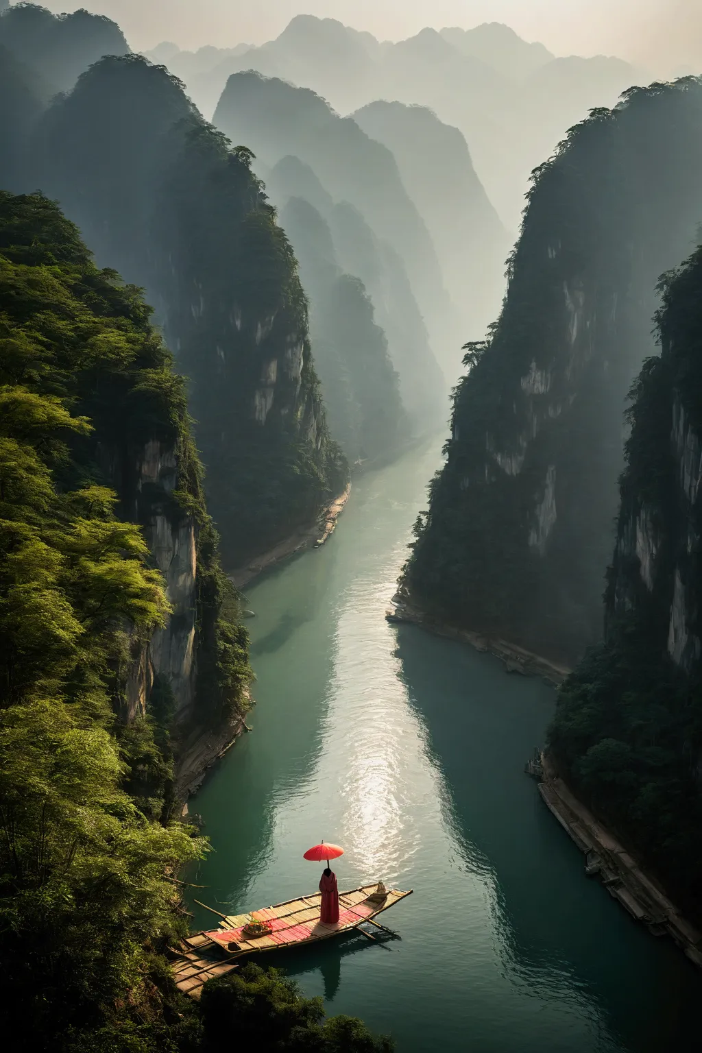 misty，sunset through the fog，aerial view of a 92-degree angle shot of a bamboo raft tied with bamboo，a woman wearing chinese han...