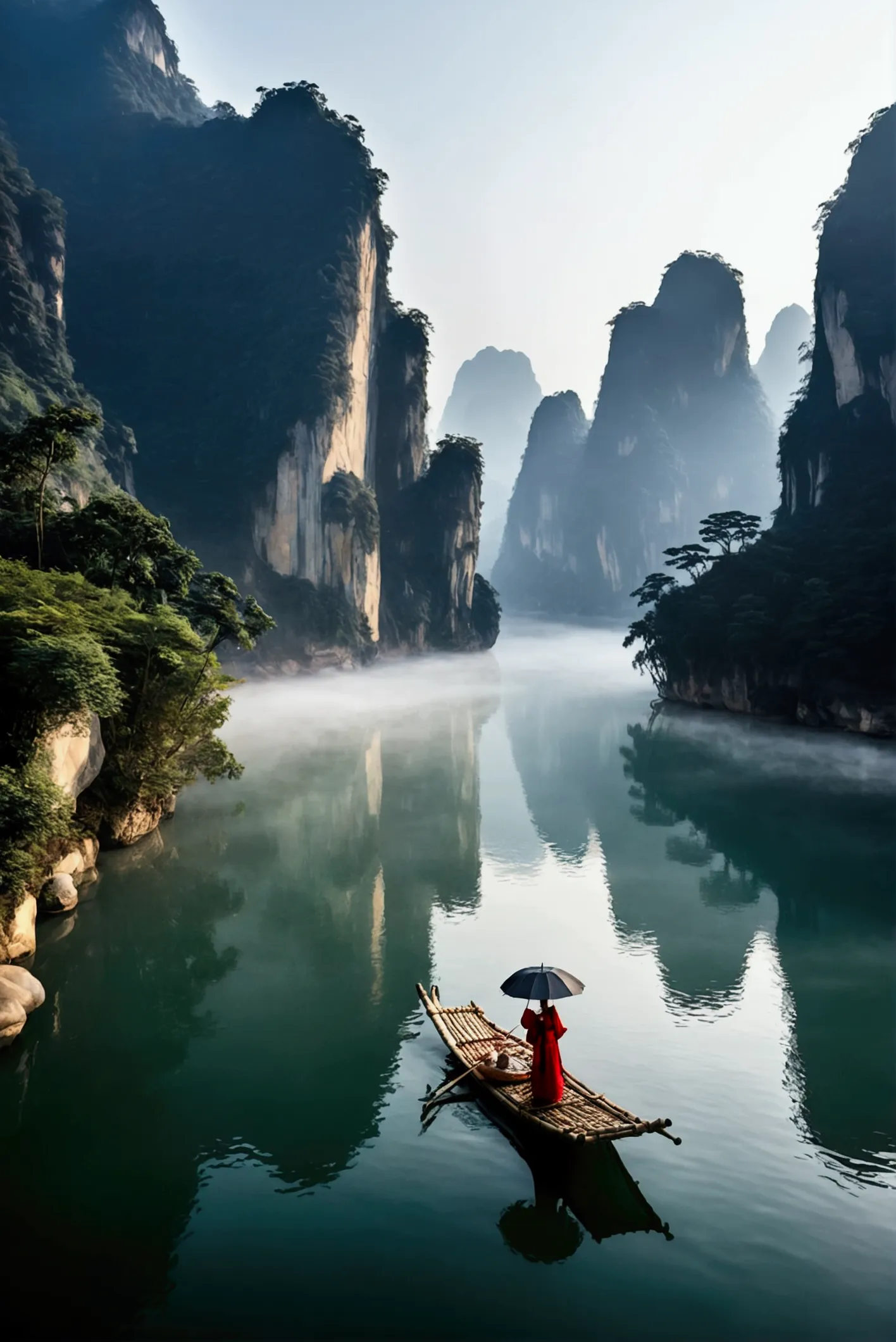 misty，sunset through the fog，a 92-degree aerial view of a simple bamboo raft tied with bamboo，a woman wearing chinese hanfu on a...