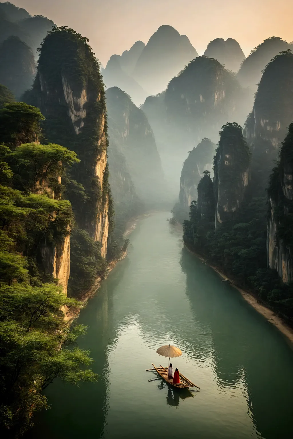 misty，sunset through the fog，a 92-degree aerial view of a simple bamboo raft tied with bamboo，a woman wearing chinese hanfu on a...