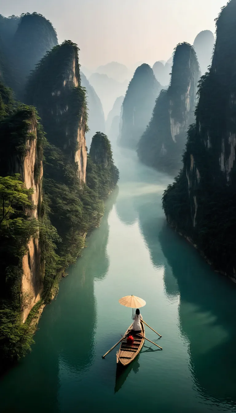 misty，sunset through the fog，a 92-degree aerial view of a simple bamboo raft tied with bamboo，a woman wearing chinese hanfu on a...