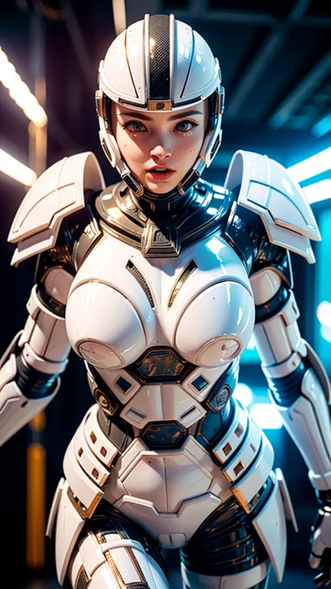 amanda seyfried in a white stormtrooper armor ready for combat, show face, glowing lights, (dynamic pose), (hyper realistic:1.4)...