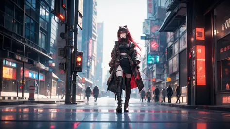 a red-haired girl with glasses standing in a city, guweiz style artwork, cyberpunk atmosphere, cyberpunk atmospheres, dreamy cyb...