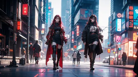 a red-haired girl with glasses standing in a city, guweiz style artwork, cyberpunk atmosphere, cyberpunk atmospheres, dreamy cyb...