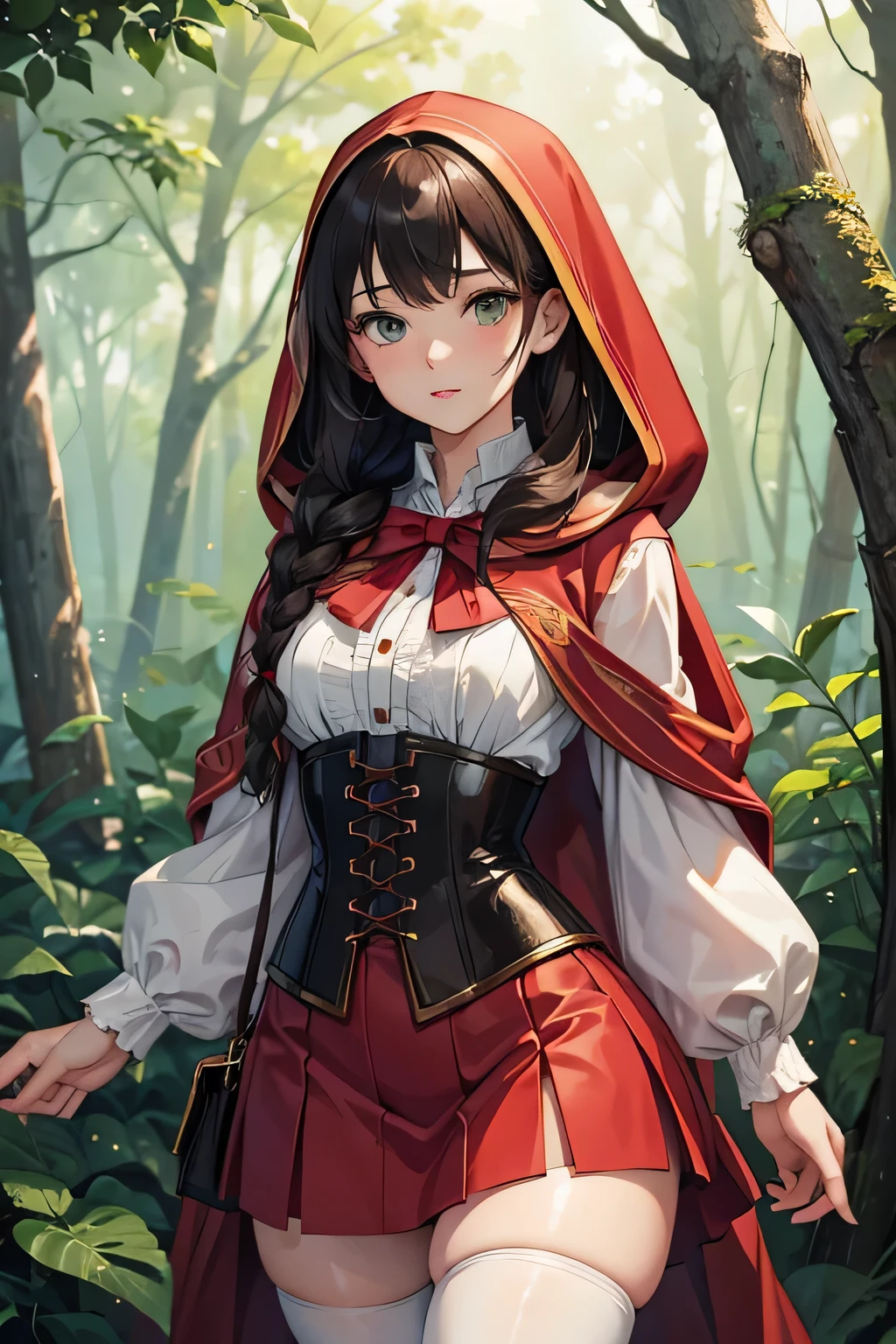 brunette hair:1.2, hazel-green eyes, wavy hair, single side braid, background, flat chest:1.2, broad hips, thick thighs, in the woods, red cropped hooded shawl, white blouse, corset, red skirt, white stockings, candid shot, anime masterpiece, soft lighting, intricate, highly detailed, pixiv, anime art, 4k, garden of words style art, high quality