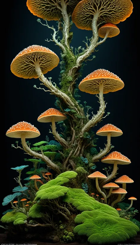 "black background, dark background, luminescent, fungal symbiosis, moss!" in the context of a poster designed by snakeskin huang...