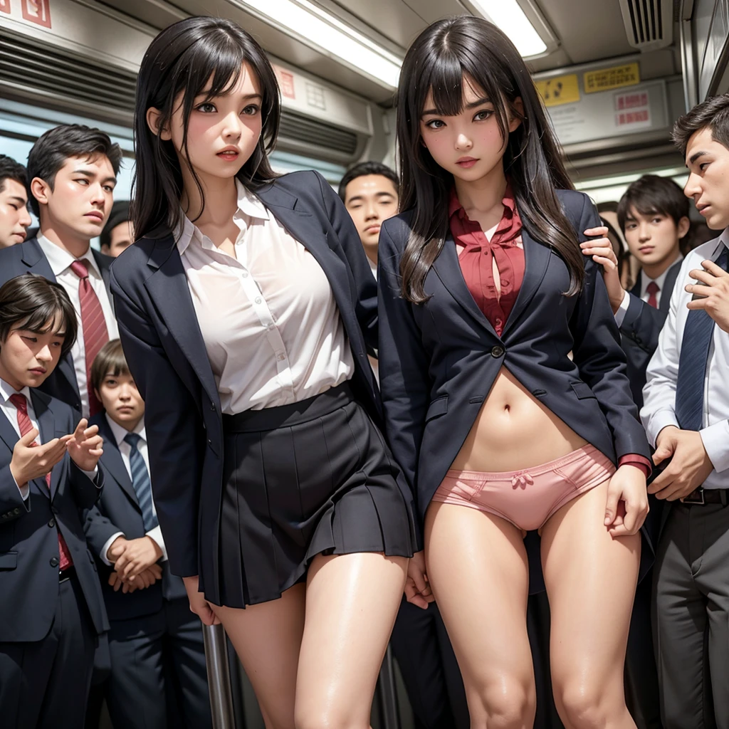 Beautiful innocent high school girl surrounded by excited high school boys, A beautiful girl with a baby face like an idol, Being molested on the train, Touched on the buttocks from behind、Skirt pulled up, Sexy panties exposed, The man bows his head in shame at being seen committing a sexual assault in public., Anatomically correct, Staring at the audience, Beautiful wavy black medium bob hair, blush, Body flushed red, Wet with sweat, Increased sensitivity, Tears overflow from your beautiful eyes, Ultra high definition, Slender body, Can be smelled from close range, Japanese, Cowboy Shot