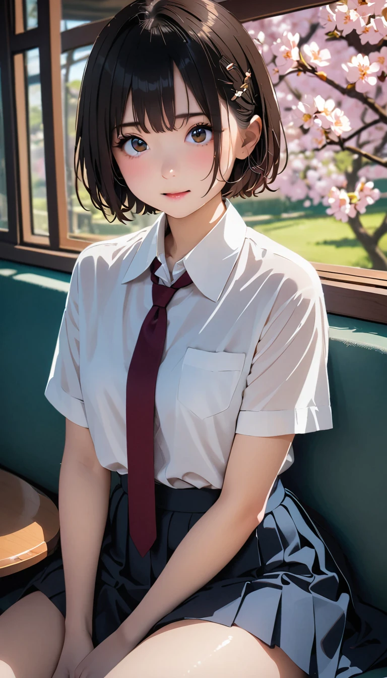 (masterpiece, highest quality:1.2), 1 girl, alone、(table top, highest quality:1.2), 8k, 1, 85mm, official art, Raw photo, absurdes, white dress shirt, cute face, close, Upper body, viola lace, gardenia, beautiful girl, (dark red tie:1.1)、(navy pleated skirt:1.1), Cinch West, thighs, short sleeve, ponytail、short hair、short hair、sit on a bench seat, looking at the viewer, no makeup, (smile:0.4), film grain, chromatic aberration, sharp focus, face light, clear lighting, teen, detailed face, ((background bokeh, cherry tree seen from the window))