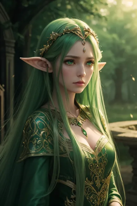 a beautiful elf with green eyes princess, scared and crying, detailed face, elegant dress, long flowing hair, delicate facial fe...