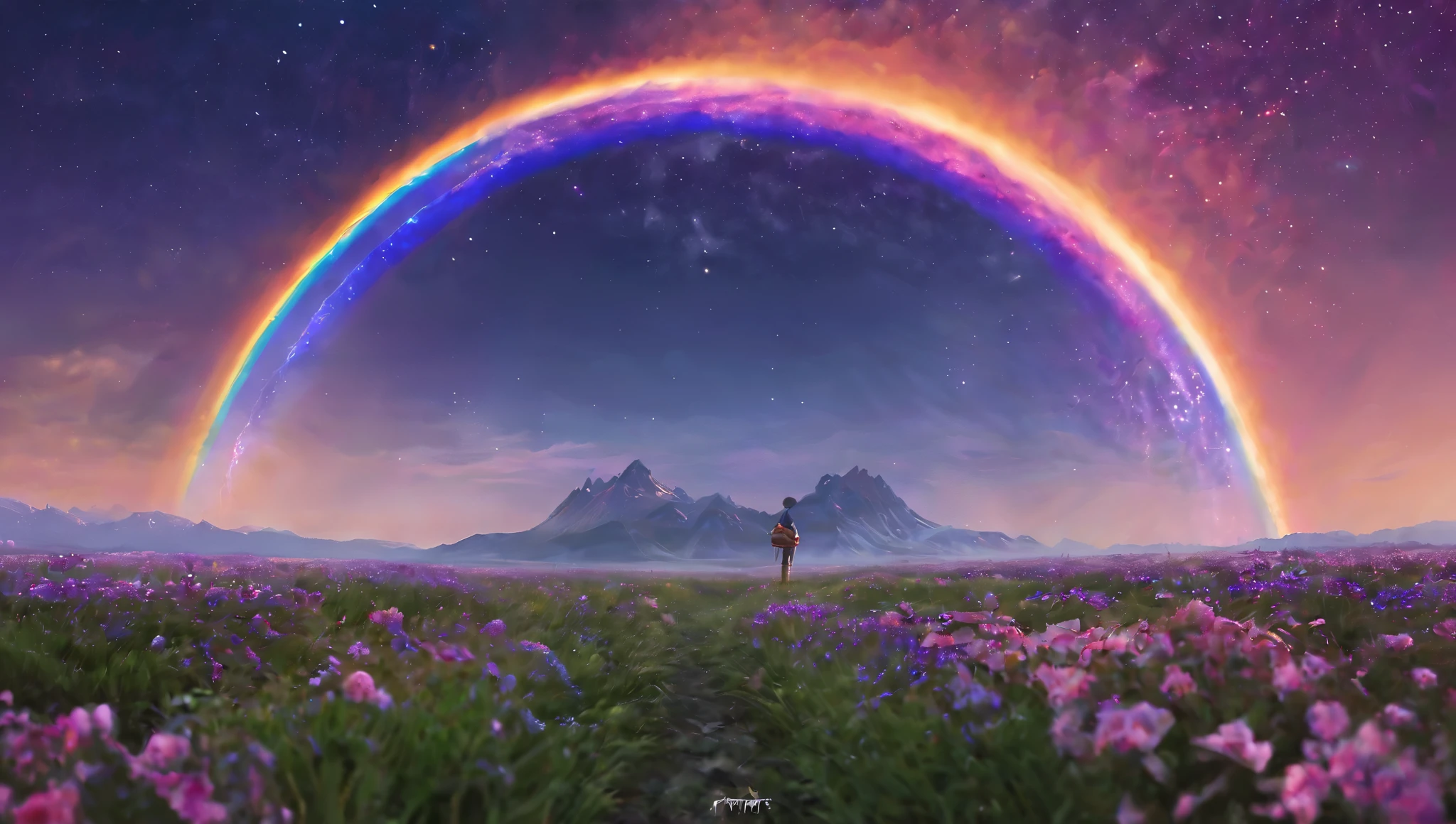 Vast landscape photography, (View from below, There is a sky above、Below is a wide field), A girl standing in a flower field looking up, (full moon: 1.2), (meteor: 0.9), (nebula: 1.3), Distant Mountain々 , wood々destroys art, (Warm Light: 1.2), (fire Fly: 1.2), Light, Lots of purple and orange, Intricate details, Volumetric lighting, Realism BREAK (masterpiece: 1.2), (Highest quality), 4K, Super detailed, (Dynamic configuration: 1.4), Very detailed, Colorful details, (Rainbow colors: 1.2), (Glow Lighting, Atmospheric lighting), dream-like, Magic, (alone: 1.2)