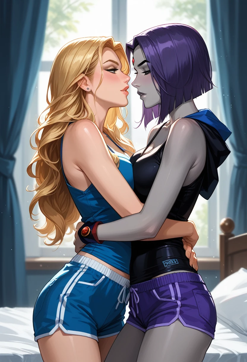 score_9, score_8_up, score_7_up, score_6_up, source_cartoon, adult women, yuri, couple, (2women), duo, BREAK adult, (Raven, grey skin:1.5), BREAK adult, (Terra_Markov from Teen Titans, blonde, long flowing hair:1.4), BREAK (bedroom, embracing, sexy tight pajama shorts and tank tops:1.3), BREAK shallow depth of field, highly detailed, bokeh, moody, epic, gorgeous, grainy, BREAK (ultra-detailed), (best illustration), (best shadow), (absurdres), BREAK (detailed background), (very aesthetic).