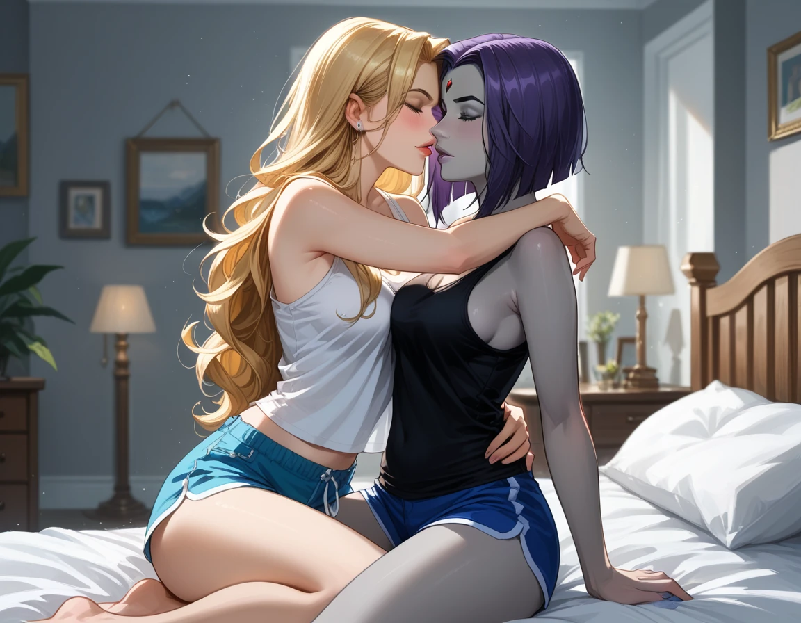 score_9, score_8_up, score_7_up, score_6_up, source_cartoon, adult women, yuri, couple, (2women), duo, BREAK adult, (Raven, grey skin:1.5), BREAK adult, (Terra_Markov from Teen Titans, blonde, long flowing hair:1.4), BREAK (bedroom, embracing, sexy tight pajama shorts and tank tops:1.3), BREAK shallow depth of field, highly detailed, bokeh, moody, epic, gorgeous, grainy, BREAK (ultra-detailed), (best illustration), (best shadow), (absurdres), BREAK (detailed background), (very aesthetic).