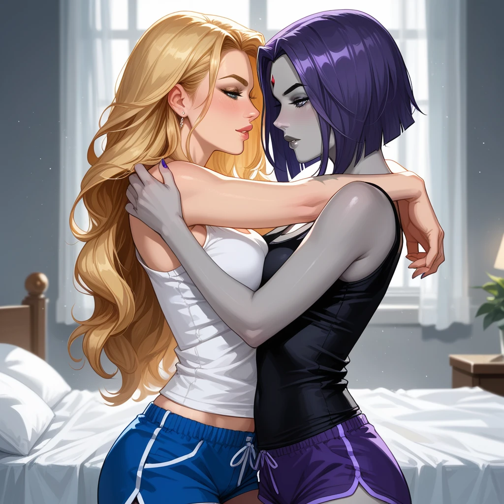 score_9, score_8_up, score_7_up, score_6_up, source_cartoon, adult women, yuri, couple, (2women), duo, BREAK adult, (Raven, grey skin:1.5), BREAK adult, (Terra_Markov from Teen Titans, blonde, long flowing hair:1.4), BREAK (bedroom, embracing, sexy tight pajama shorts and tank tops:1.3), BREAK shallow depth of field, highly detailed, bokeh, moody, epic, gorgeous, grainy, BREAK (ultra-detailed), (best illustration), (best shadow), (absurdres), BREAK (detailed background), (very aesthetic).