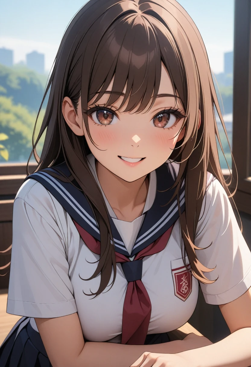 1 girl, (beautiful japanese girl, high school girl), (gal:1.3), 
(long hair, brown hair), (dark brown inner hair), slender body, 
(dark brown eyes), (finely detailed beautiful eyes), 
(school uniform, short sleeves,), smile, 
((very detailed, ultra-high resolution, absurdres, highres, masterpiece, best quality, very aesthetic, fine texture, newest, perfect lighting, best shadow, sharp focus, high color saturation)), (anatomically correct, perfect hands), (professional photography), great lighting, ((anime art style)), 