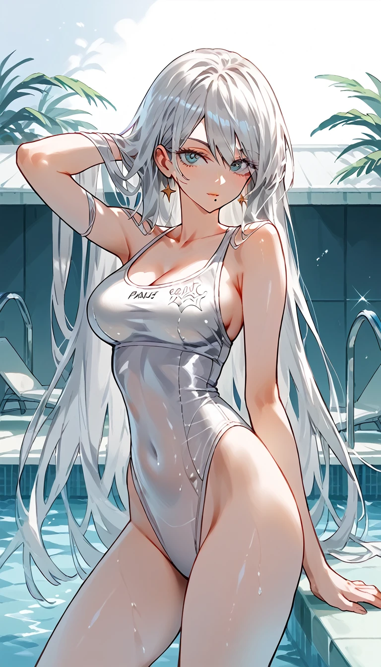 Nier automata 2B a beautiful millionaire pool with a very sexy silver swimsuit well made 