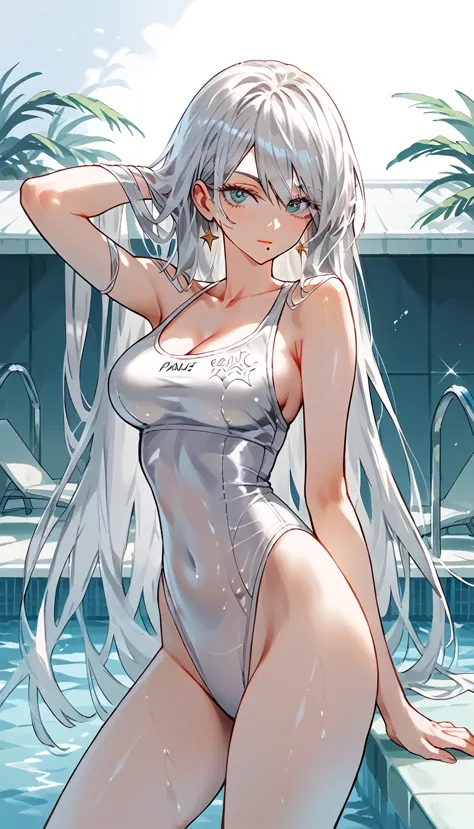 nier automata 2b a beautiful millionaire pool with a very sexy silver swimsuit well made