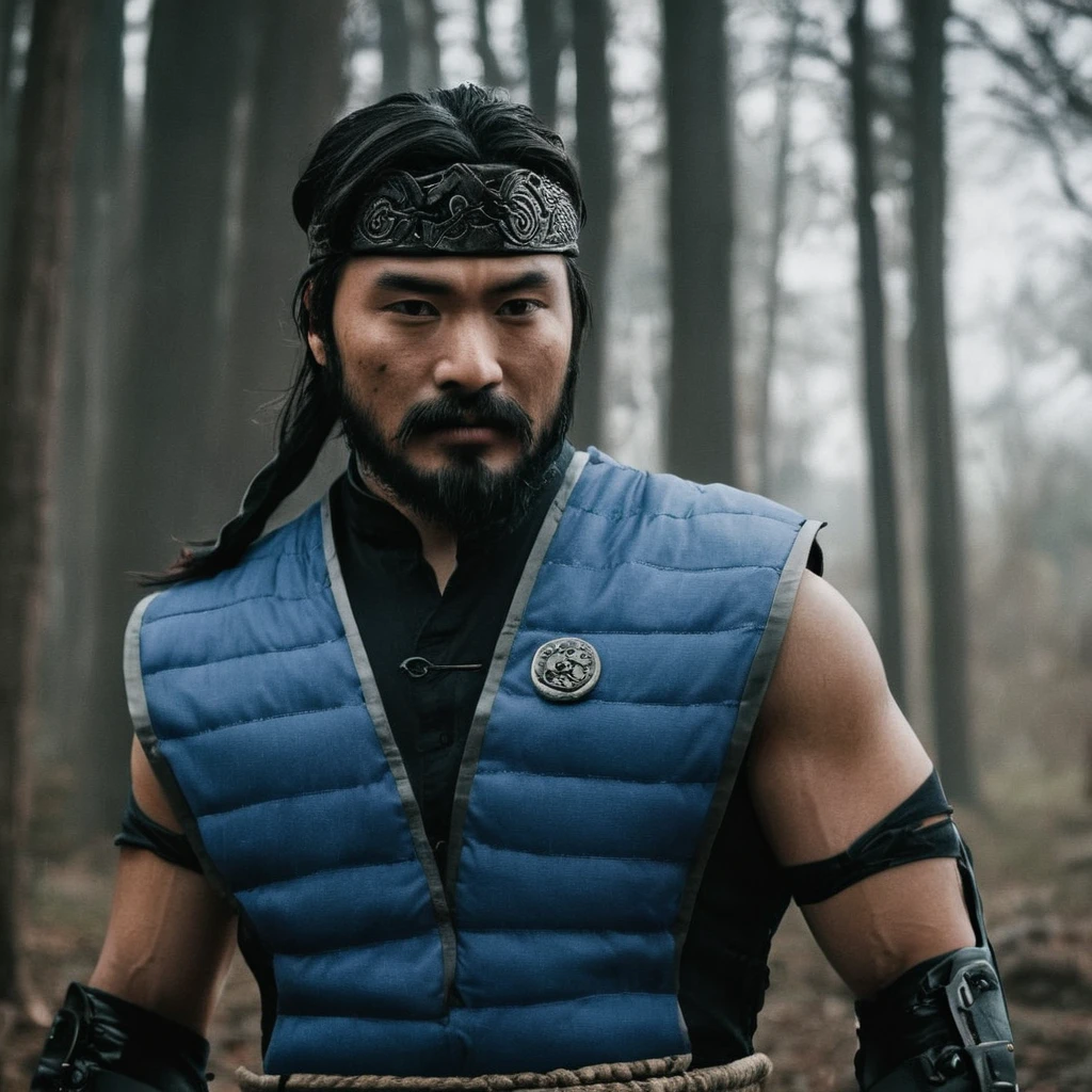 cinematic film still of  Mortal Kombat style, fictional universe consisting of numerous realms, Bo Rai Cho a man with a beard and a vest,solo,long hair,black hair,gloves,1boy,ponytail,male focus,fingerless gloves,facial hair,bandages,beard,mustache , Live-action, white sclera eyes, muscular, fitness, fighters, Action-adventure, brutal and gruesome, Mortal Kombat style, mk style, shallow depth of field, vignette, highly detailed, high budget, bokeh, cinemascope, moody, epic, gorgeous, film grain, grainy