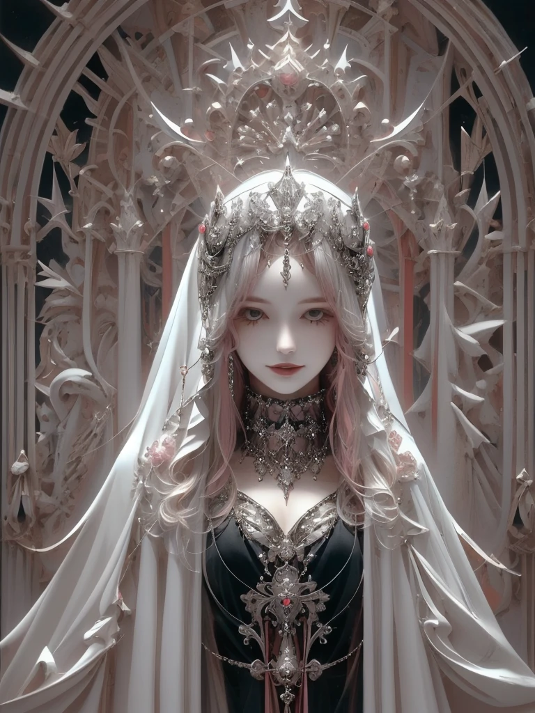 goddess, Gothic Futurism style, Highly detailed illustration, uhd images, Gorgeous costume details, Black and Pink、Light、beautiful、Virgin Solo, High resolution, Long Hair, smile, masterpiece, Anatomically correct, Winner of numerous awards, Highest quality, 