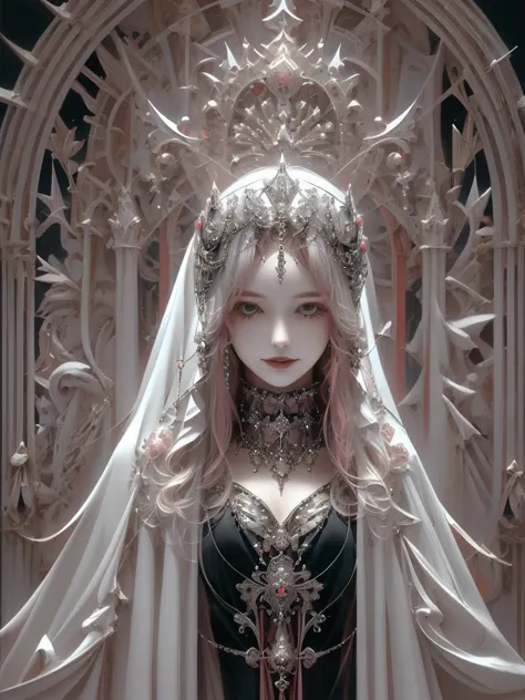 goddess, gothic futurism style, highly detailed illustration, uhd images, gorgeous costume details, black and pink、light、beautif...