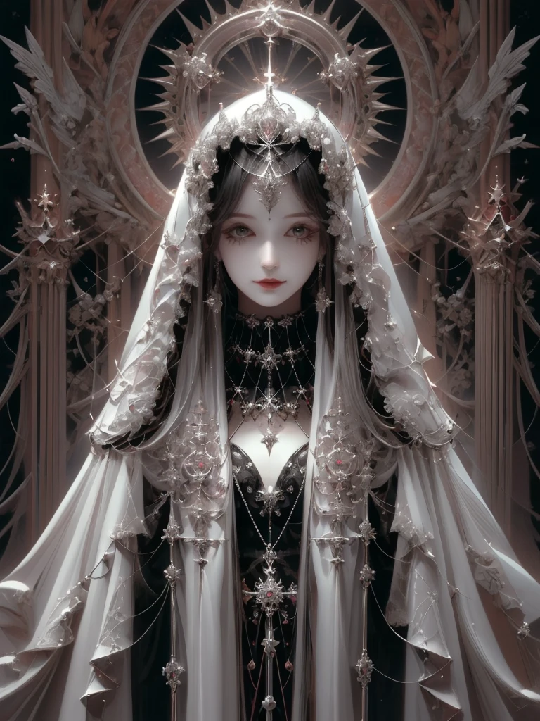 goddess, Gothic Futurism style, Highly detailed illustration, uhd images, Gorgeous costume details, Black and Pink、Light、beautiful、Virgin Solo, High resolution, Long Hair, smile, masterpiece, Anatomically correct, Winner of numerous awards, Highest quality, 