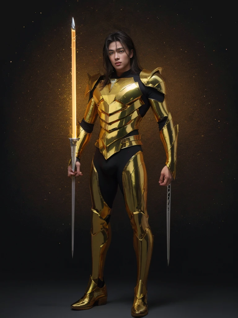 (golden saint seiya,surreal art,full-body shot),(best quality,4k,8k,highres,masterpiece:1.2),ultra-detailed,(realistic,photorealistic,photo-realistic:1.37),metallic armor,shiny gold armor,colorful cosmic background,strong muscular physique,breathtaking visual effects,powerful stance,sacred aura,sharp focus,dynamic lighting,vibrant colors,mythological symbols,intense action,glowing eyes,stunning composition,enchanted sword,surrounded by constellations,futuristic technology.