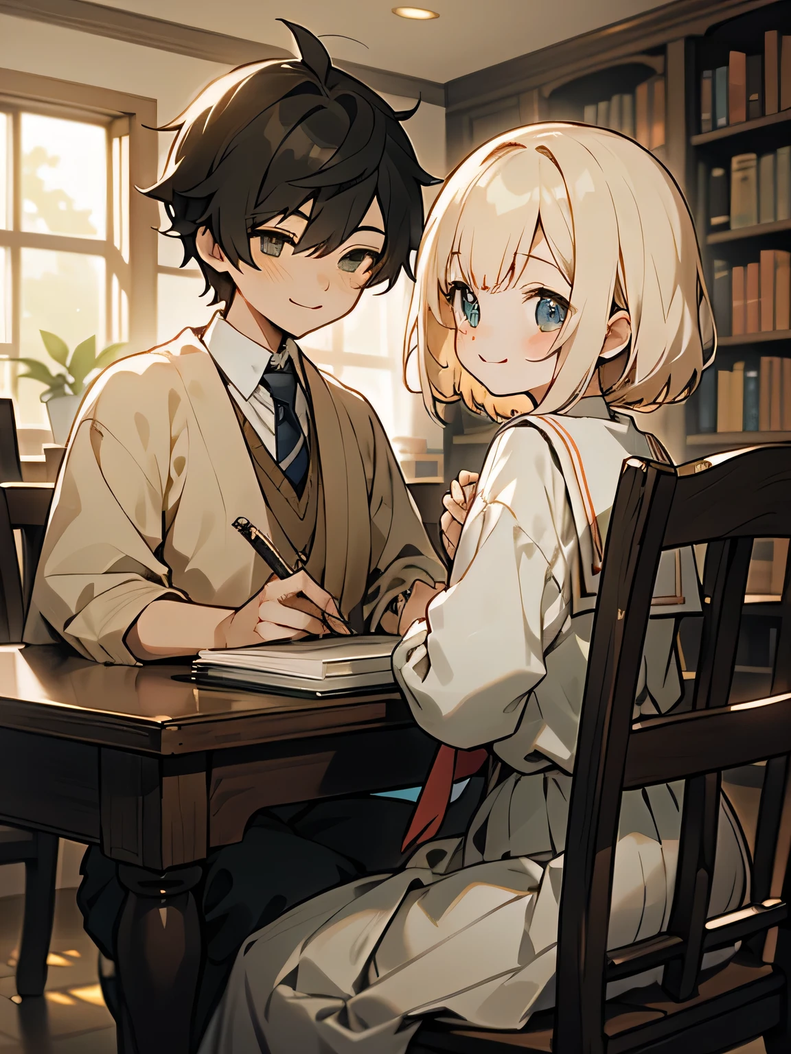 "Create an anime-style image set in a library with a warm and inviting atmosphere. The scene features two high school students, one male and one female, sitting side by side at a wooden desk. Both are wearing traditional Japanese high school uniforms—the boy in a white shirt with a tie and the girl in a sailor-style outfit. They are studying together with books spread out on the desk in front of them, both smiling and enjoying each other's company. The lighting in the library is soft and warm, casting a gentle glow over the scene, highlighting the cozy and pleasant environment. The background shows bookshelves filled with books, enhancing the library setting."