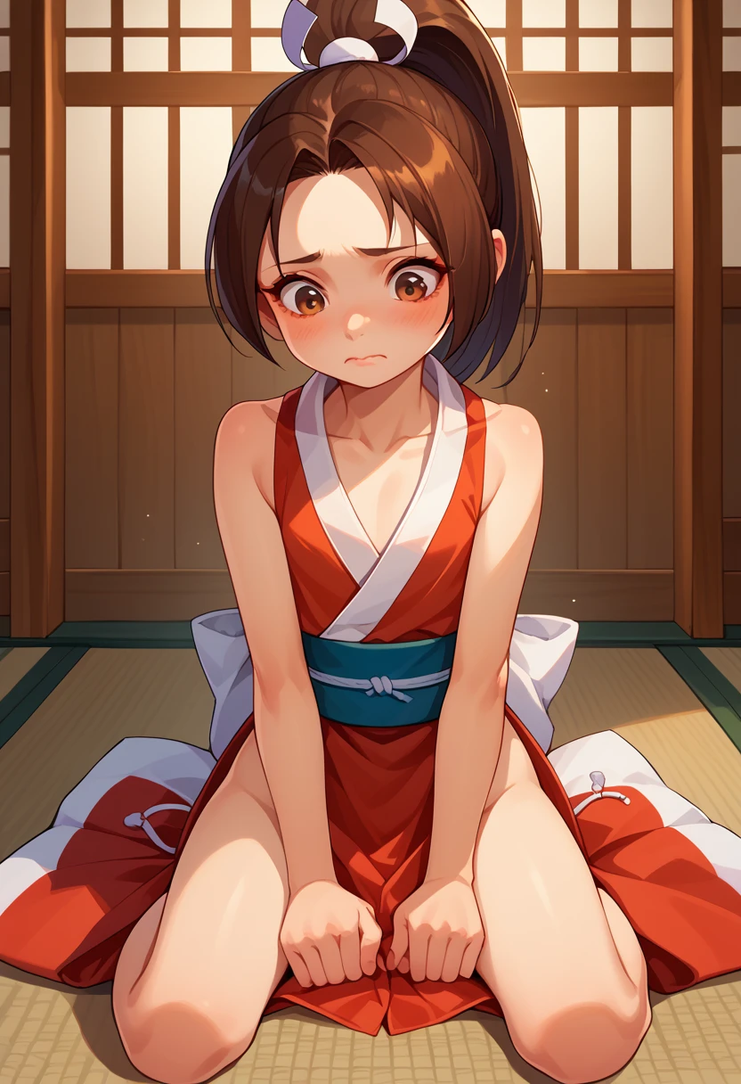 score_9, score_8_up, score_7_up, 1girl, solo, (loli), kid, flat chest, PonyShiranui, high ponytail, brown hair, brown eyes, japanese clothes, revealing clothes, sitting on ground, nervous, blushing, looking down, japanese shrine, AgeRegression, Oversized Clothes