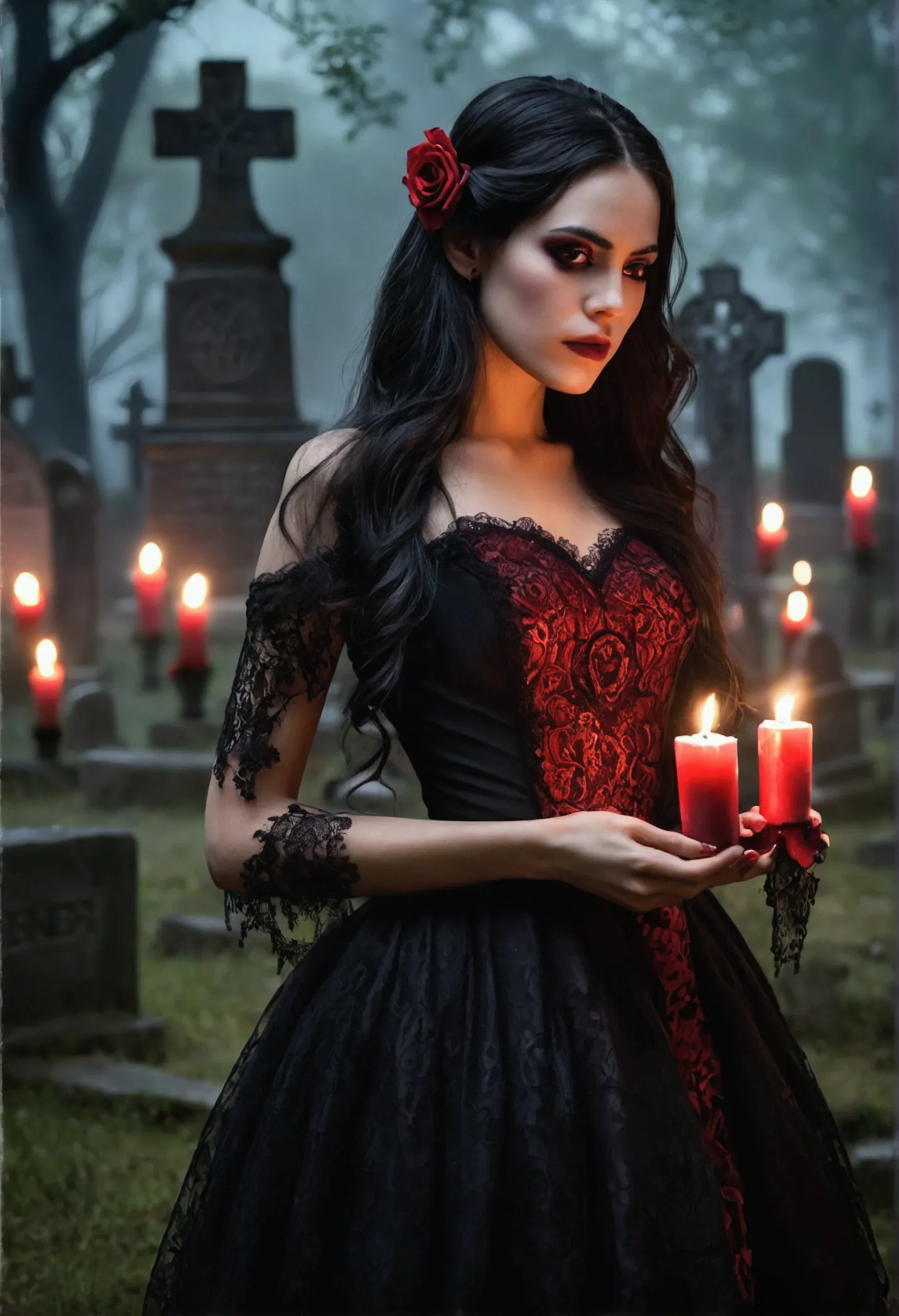 an elegant woman with long hair, dark hair wearing a vibrant dark red and black dress adorned with lace and intricate detailing....