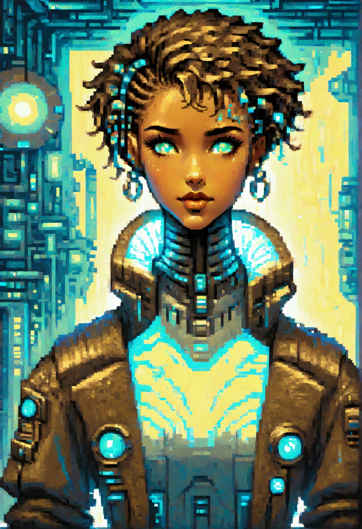 Imagine a young woman with brown skin and short curly hair in a Chanel style.,  that are smoothly aligned around the face. She is dressed in a futuristic and cyberpunk look., wearing a large sweater, that adds a touch of cool and modern style. In front of you, there is a stylized cocktail, which reflects the sophisticated environment in which it finds itself.

His facial expression is neutral, but a slight, almost imperceptible smile shines through, revealing a touch of serenity and introspection. The surrounding scenery is a utopian landscape with futuristic elements., with colors and shapes that evoke a sense of technological advancement and harmony. The young woman observes the environment with a calm presence, absorbing the unique atmosphere of the place.