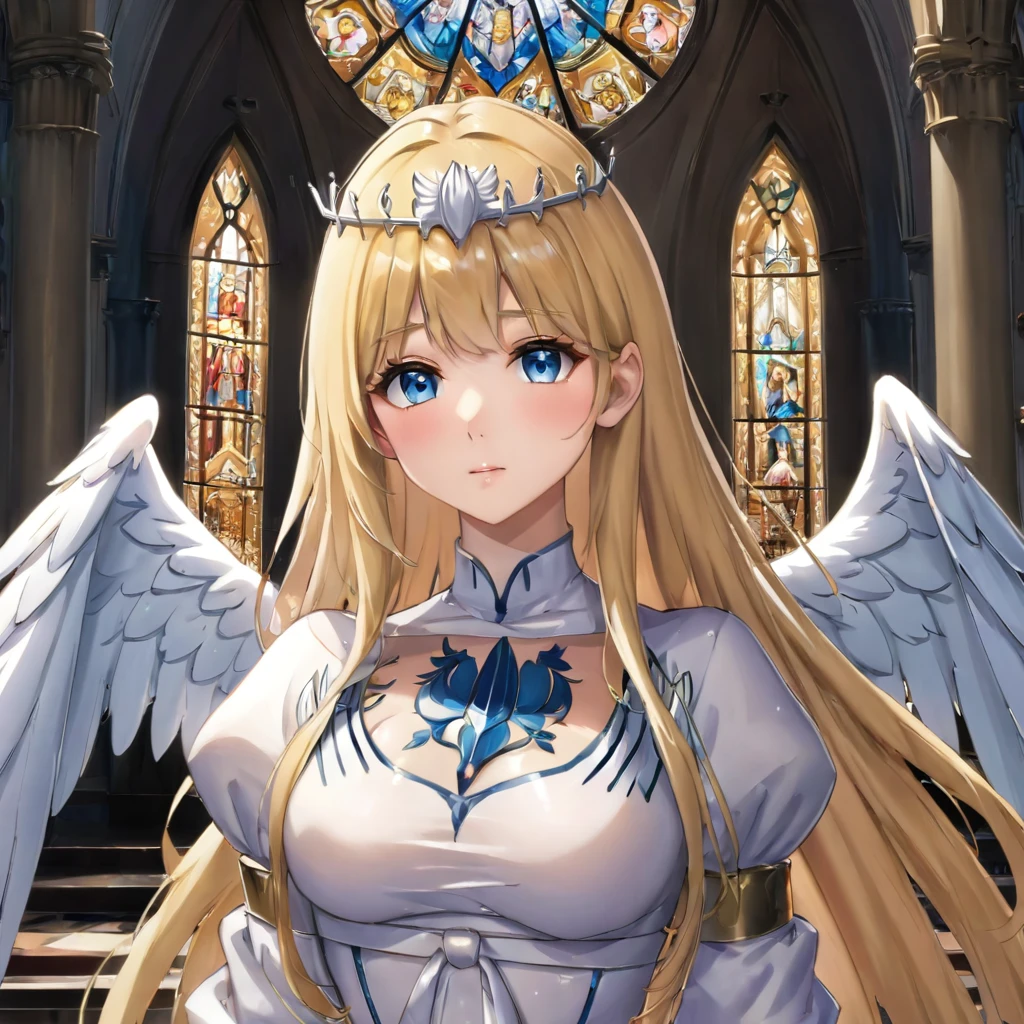 1 angel,alone, Calcutta, blonde hair, ,( My hair is very long.:1.3), My hair is very long., extra long hair, White crown, white dress, blue eyes,Calcutta Bessarez, medium sized breast,Calcutta, indoor, church, Cathedral, Stained glass, close up, upper body, very large white wings, angel wings, radius