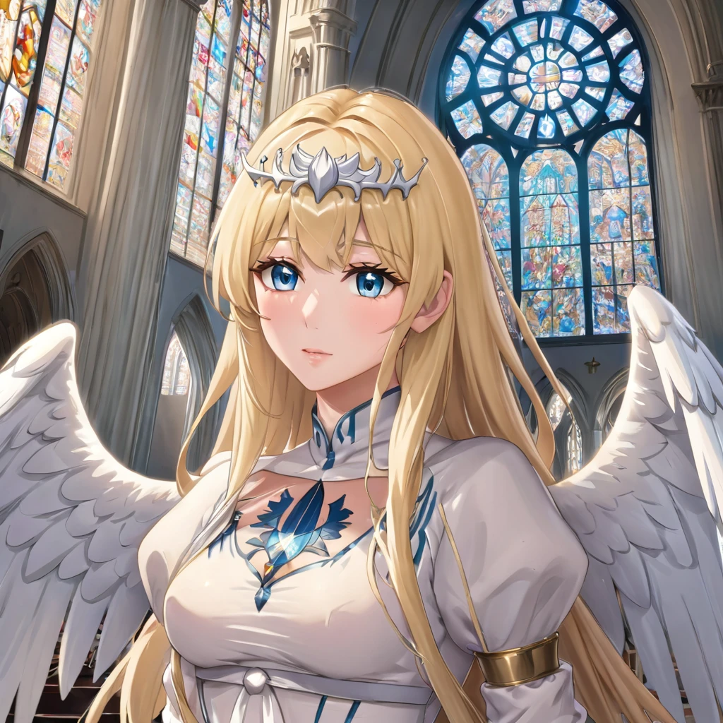 1 angel,alone, Calcutta, blonde hair, ,( My hair is very long.:1.3), My hair is very long., extra long hair, White crown, white dress, blue eyes,Calcutta Bessarez, medium sized breast,Calcutta, indoor, church, Cathedral, Stained glass, close up, upper body, very large white wings, angel wings, radius