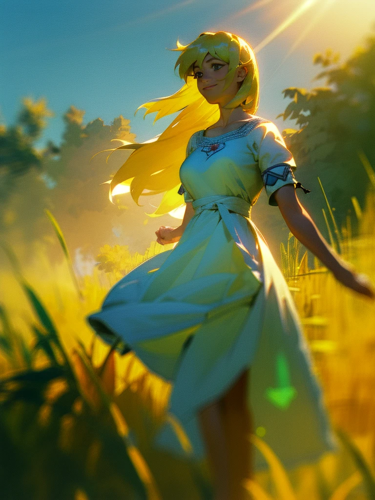 Semyon's POV, Slavya-chan from Endless Summer, holds his hand, leading him through green fields into endless summer. She is sweet and kind, with a bright smile on her face and long blonde hair loose in the wind. Slavya is dressed in a traditional Slavic dress that sways beautifully. The focus is on their hands joined in a friendly gesture, with photorealistic details: sun rays playing on her hair and the bright colors of nature all around. Use HDR to enhance brightness and contrast, creating a joyful and carefree atmosphere