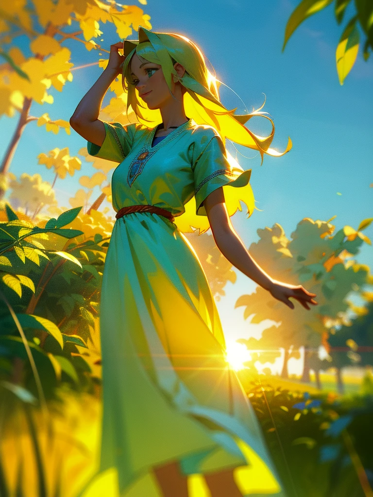 Semyon's POV, Slavya-chan from Endless Summer, holds his hand, leading him through green fields into endless summer. She is sweet and kind, with a bright smile on her face and long blonde hair loose in the wind. Slavya is dressed in a traditional Slavic dress that sways beautifully. The focus is on their hands joined in a friendly gesture, with photorealistic details: sun rays playing on her hair and the bright colors of nature all around. Use HDR to enhance brightness and contrast, creating a joyful and carefree atmosphere