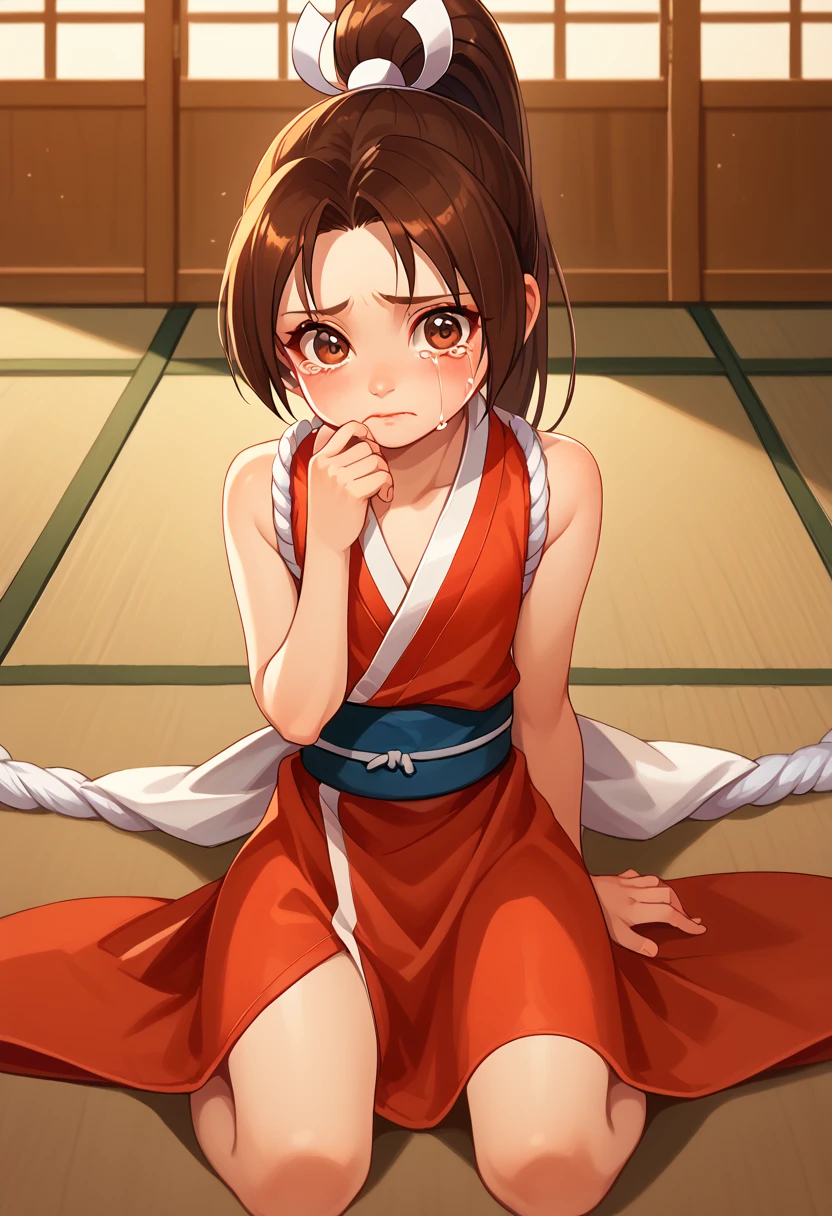 score_9, score_8_up, score_7_up, 1girl, solo, (loli), kid, flat chest, PonyShiranui, high ponytail, brown hair, brown eyes, japanese clothes, revealing clothes, sitting on ground, crying, hand on eye,nervous, blushing, looking at you, japanese shrine, AgeRegression, Oversized Clothes