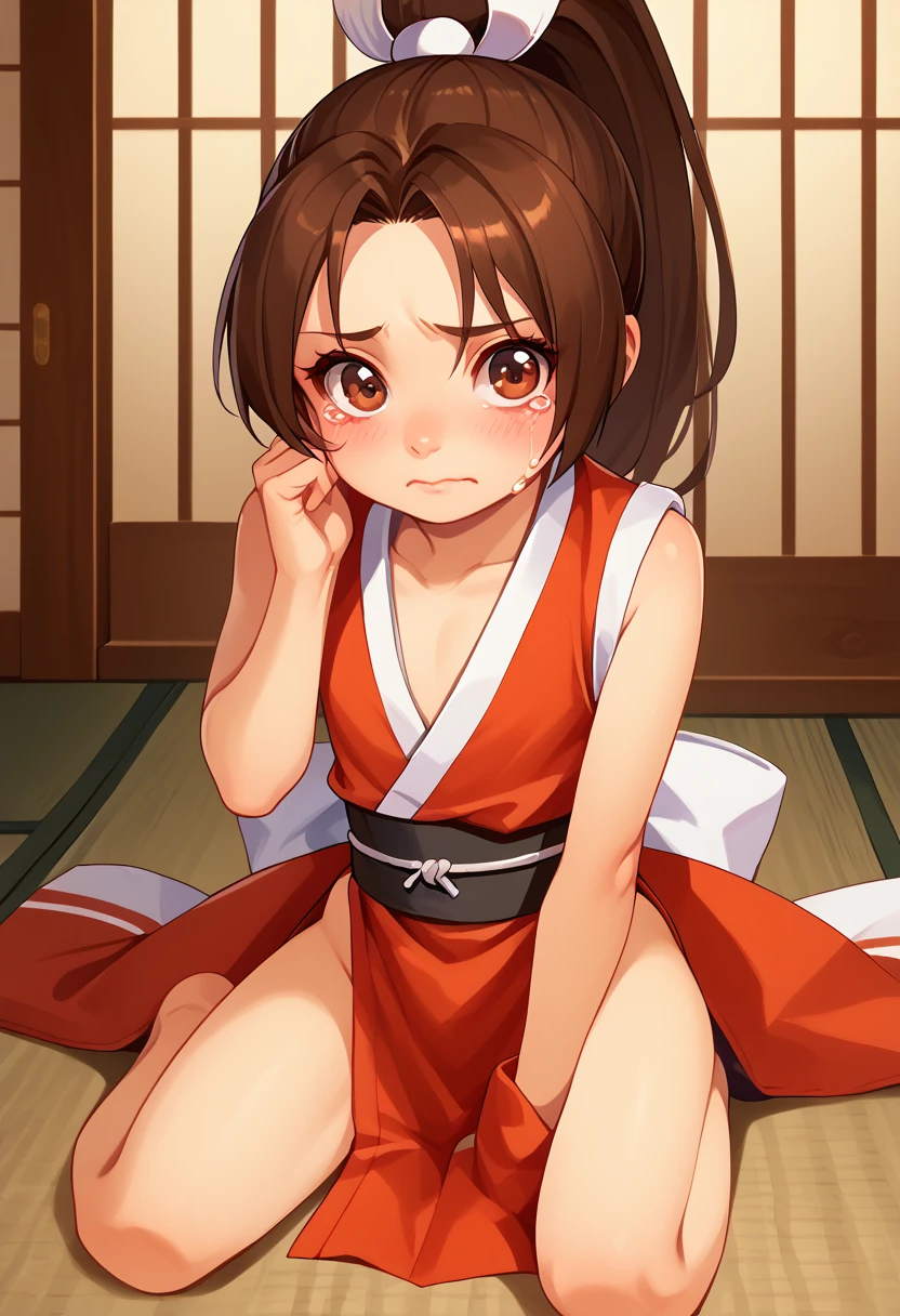 score_9, score_8_up, score_7_up, 1girl, solo, (loli), kid, flat chest, PonyShiranui, high ponytail, brown hair, brown eyes, japanese clothes, revealing clothes, sitting on ground, crying, hand on eye,nervous, blushing, looking at you, japanese shrine, AgeRegression, Oversized Clothes