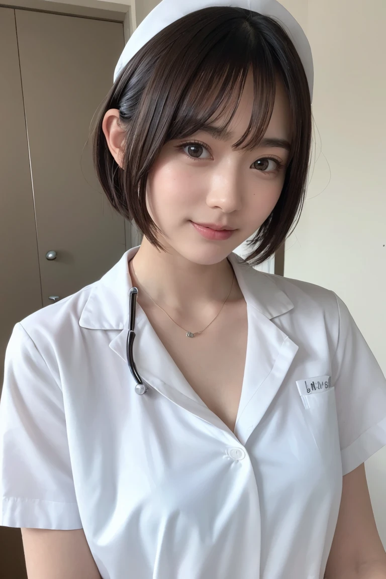 1 Girl,(Wearing white nurse clothes:1.2),(RAW Photos, Highest quality), (Realistic, photo-Realistic:1.4), masterpiece, Very delicate and beautiful, Very detailed, 2k wallpaper, wonderful, finely, Very detailed CG unity 8k wallpaper, Very detailedな, High resolution, Soft Light, Beautiful detailed, Very detailed eyes and face, Beautiful and detailed nose, finely beautiful eyes, nurse, Perfect Anatomy, Black Hair, Upstyle, nurse uniform,  Long skirt, nurse, White costume, thin, hospital, clear, White Uniform, hospital room, Neck auscultation,Bobcut、Flip up the skirt、20th Generation、smile、Topless、Nipples sticking out