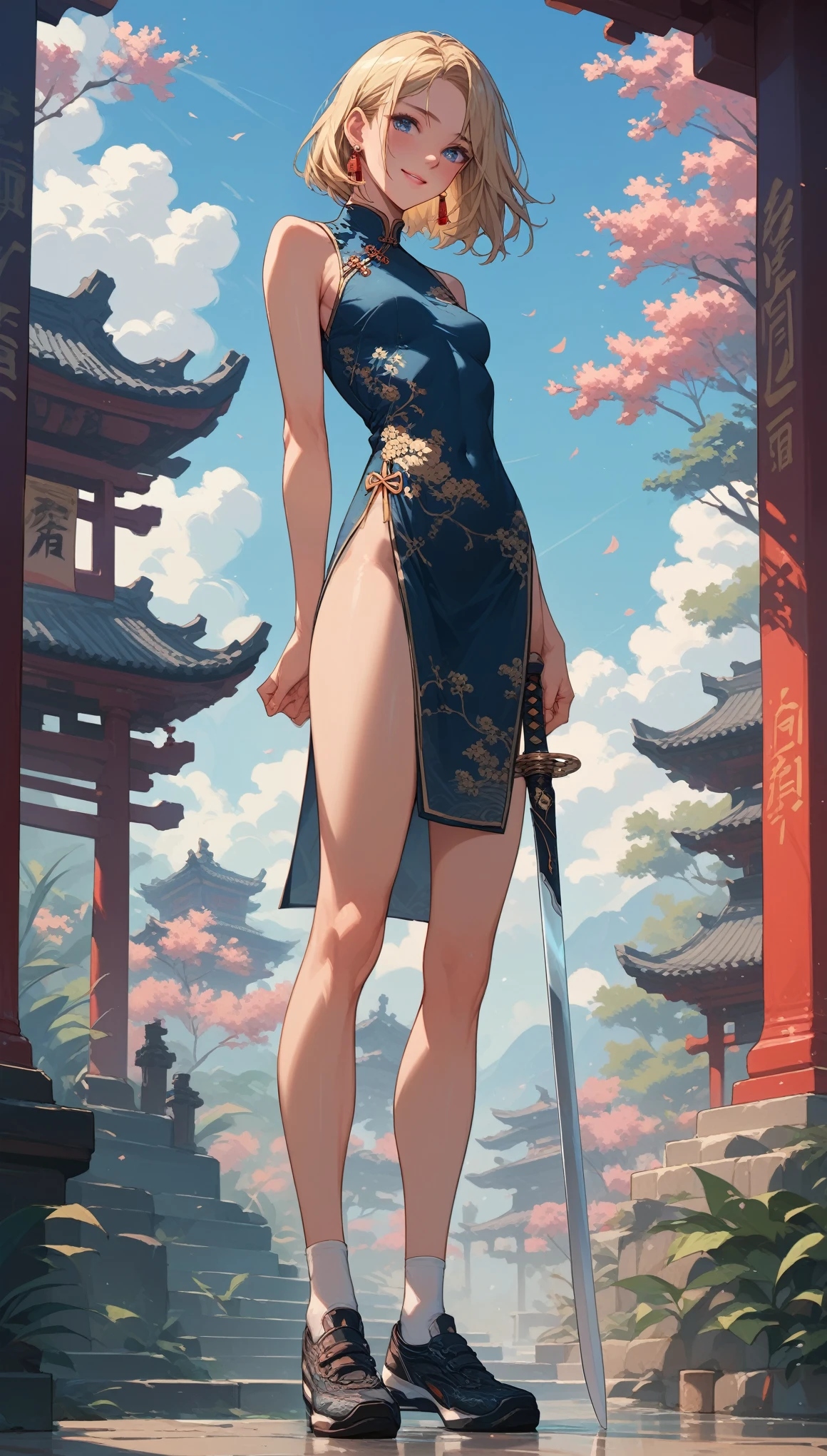 score_9, score_8_up, score_7_up, score_6_up, 1girl, (score_9, score_8_up:1.1), score_7_up, 
medium blonde hair, straight hair, parted hair, blue eyes, pale skin, small breasts, front view, chinese dress, chinese shoes, earrings, detailed background, chinese temple, shy., training with a sword, dynamic pose, standing up, side view, shy smile, closed lips