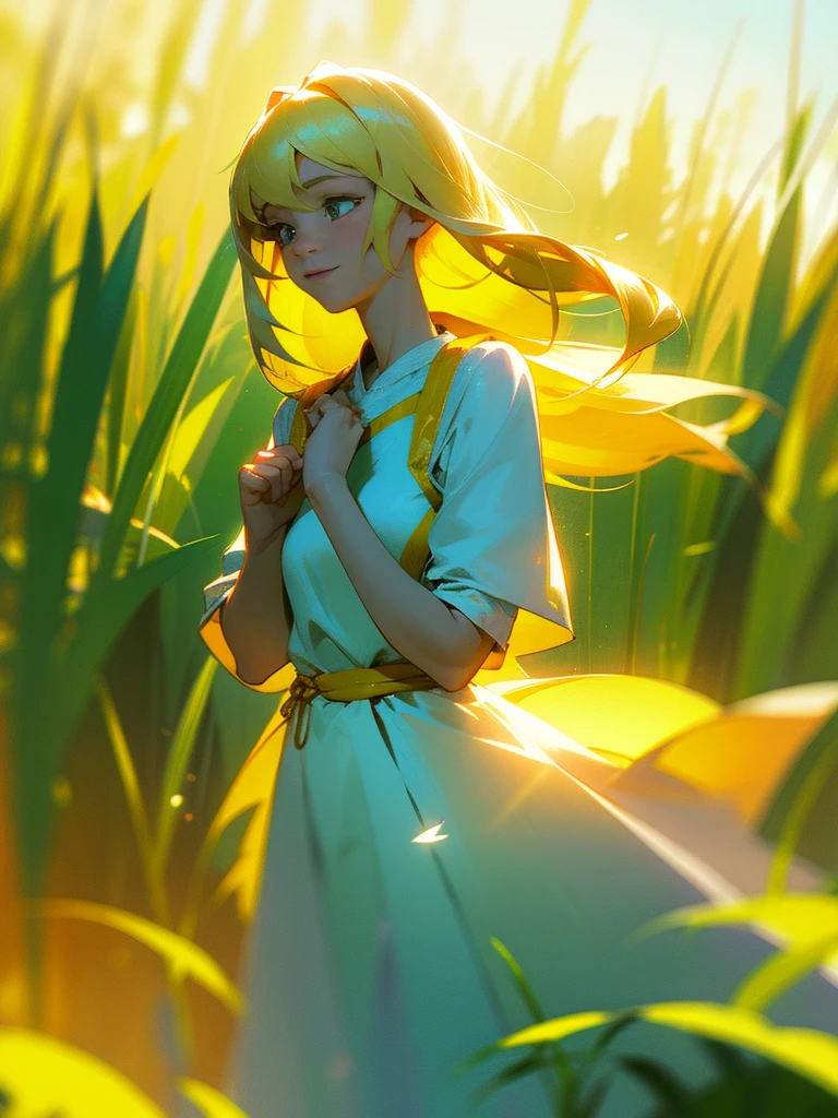 Semyon's POV, Slavya-chan from Endless Summer, holds his hand, leading him through green fields into endless summer. She is sweet and kind, with a bright smile on her face and long blonde hair loose in the wind. Slavya is dressed in a traditional Slavic dress that sways beautifully. The focus is on their hands joined in a friendly gesture, with photorealistic details: sun rays playing on her hair and the bright colors of nature all around. Use HDR to enhance brightness and contrast, creating a joyful and carefree atmosphere