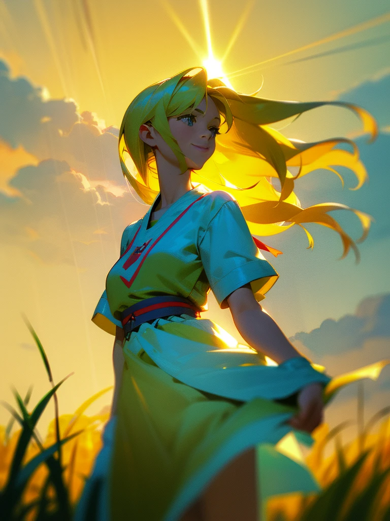 Semyon's POV, Slavya-chan from Endless Summer, holds his hand, leading him through green fields into endless summer. She is sweet and kind, with a bright smile on her face and long blonde hair loose in the wind. Slavya is dressed in a traditional Slavic dress that sways beautifully. The focus is on their hands joined in a friendly gesture, with photorealistic details: sun rays playing on her hair and the bright colors of nature all around. Use HDR to enhance brightness and contrast, creating a joyful and carefree atmosphere