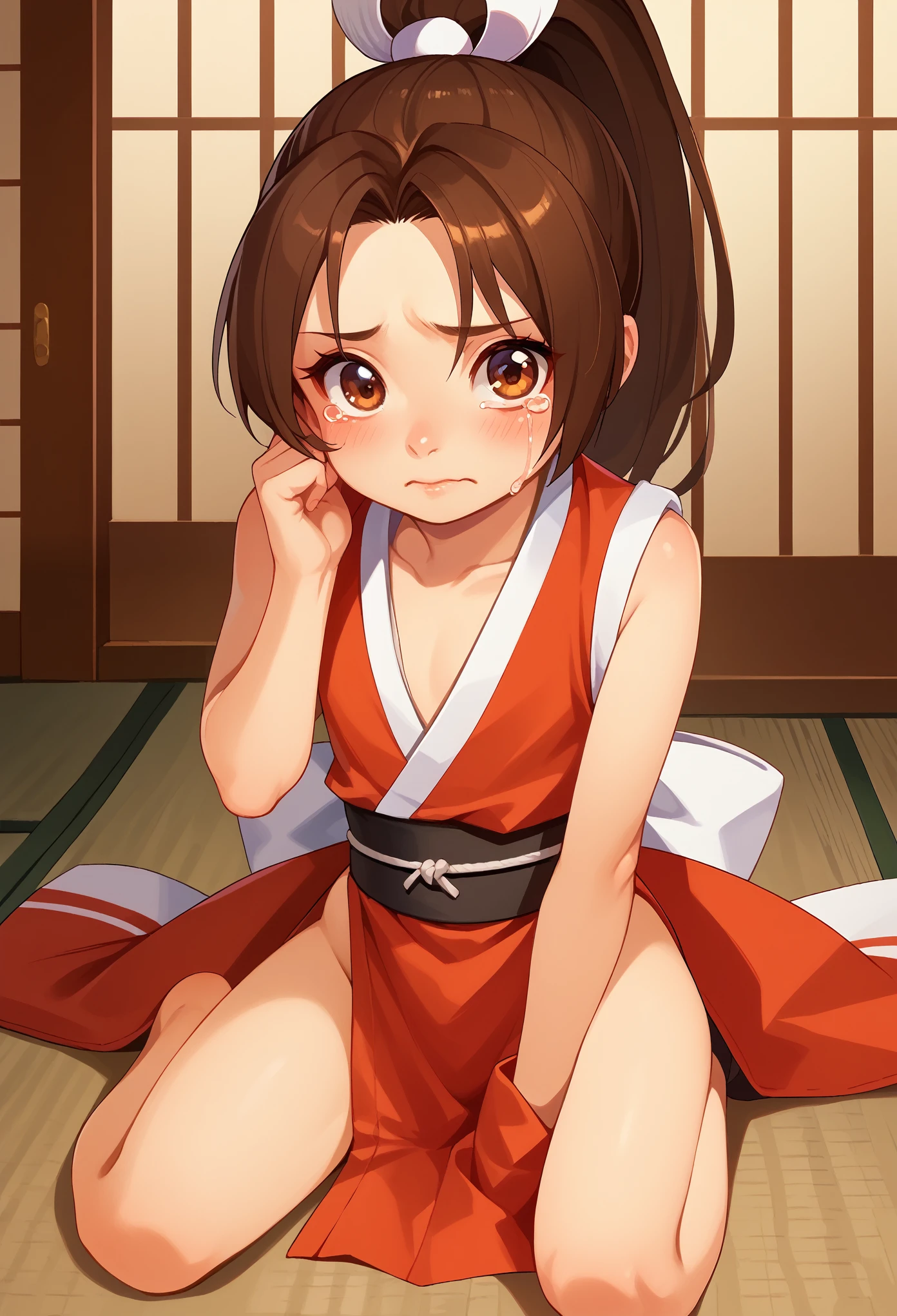 score_9, score_8_up, score_7_up, 1girl, solo, (loli), kid, flat chest, PonyShiranui, high ponytail, brown hair, brown eyes, japanese clothes, revealing clothes, sitting on ground, crying, hand on eye,nervous, blushing, looking at you, japanese shrine, AgeRegression, Oversized Clothes