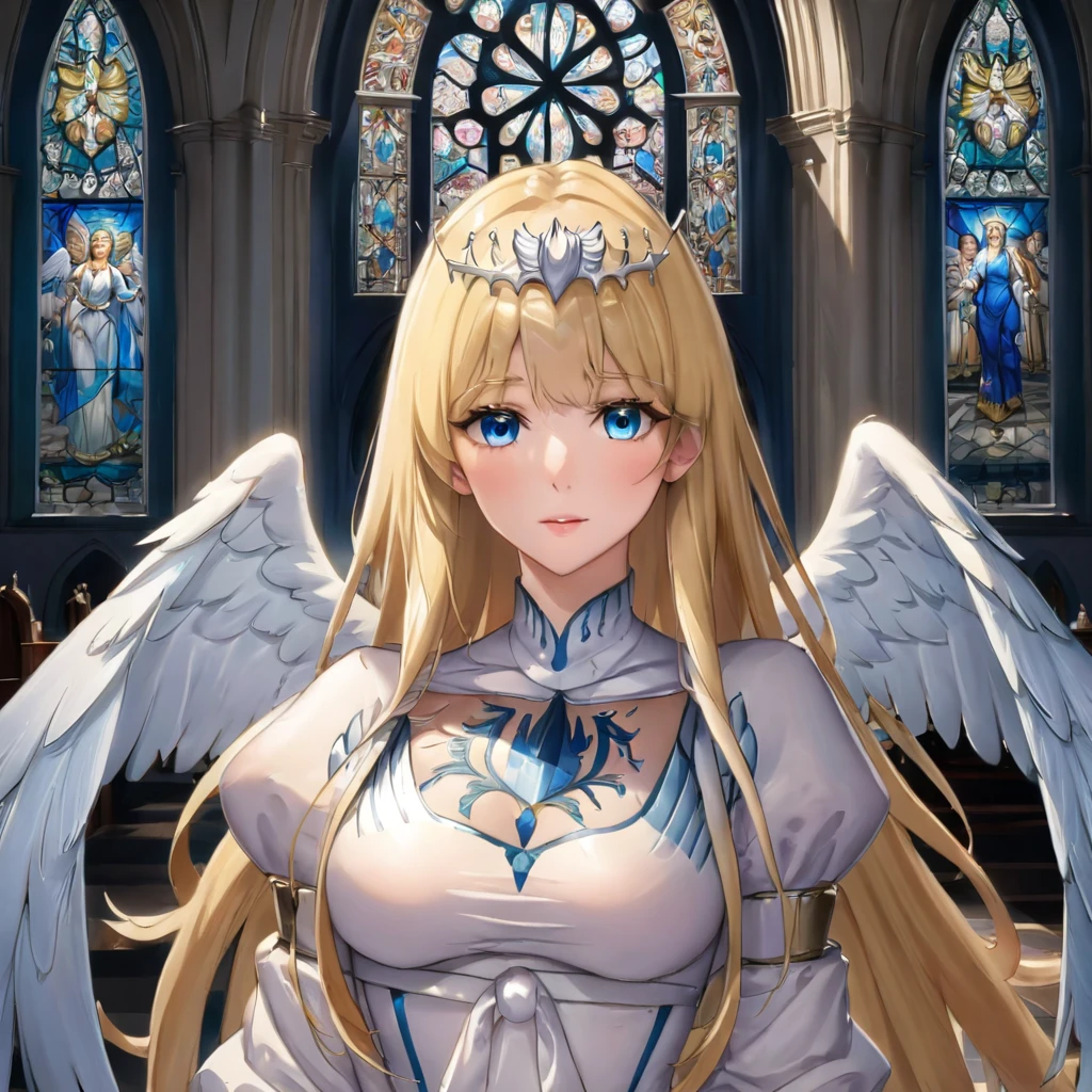 1 angel,alone, Calcutta, blonde hair, ,( My hair is very long.:1.3), My hair is very long., extra long hair, White crown, white dress, blue eyes,Calcutta Bessarez, medium sized breast,Calcutta, indoor, church, Cathedral, Stained glass, close up, upper body, very large white wings, angel wings, radius