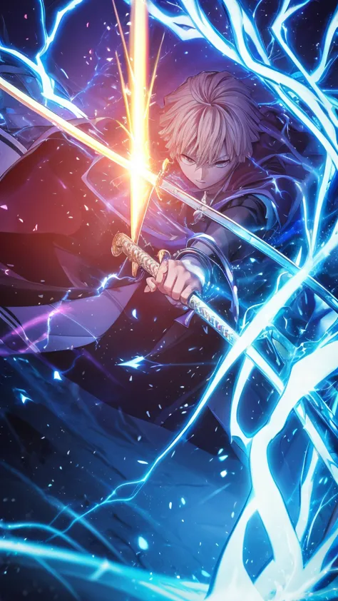 anime, blade of demons, male, zenitsu wagatsuma, lightning background, bending, sword drawn, white sword, discharge from whole b...