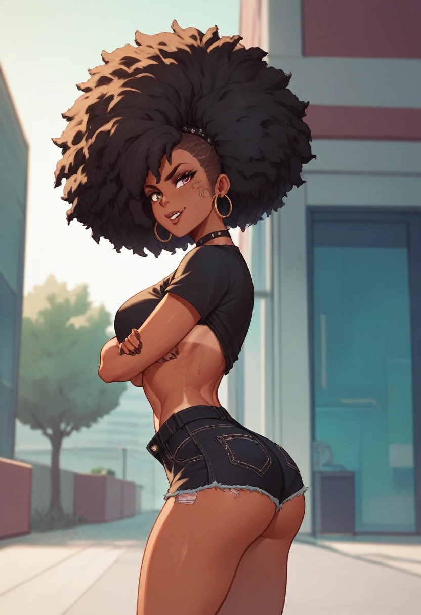 A tan girl, with black Afro hair tied in breed, with a grunge style 