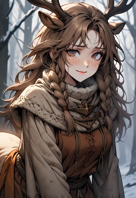 solo, female, close up, long brown hair, wild hair, deer antlers, huge woman, brown eyes, cape and winter clothes, winter, fores...