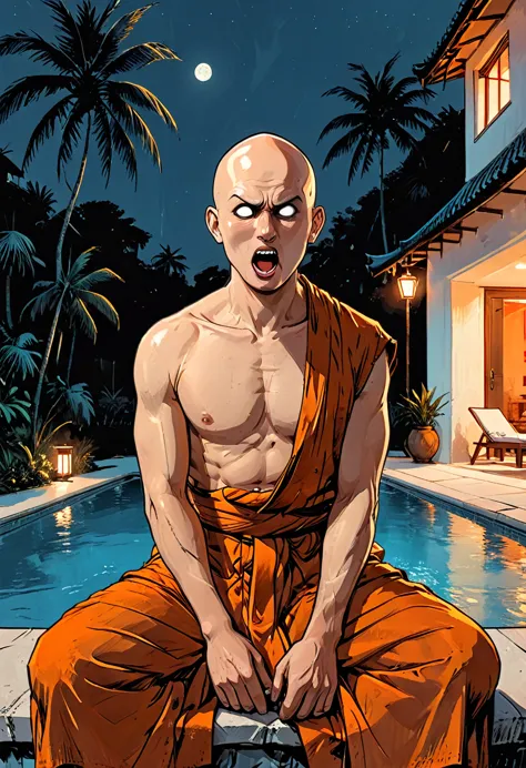 ((open mouth)),(night),portrait blind buddhist monk sitting with open mouth next to the pool at the white hotel, tropical, palm,...