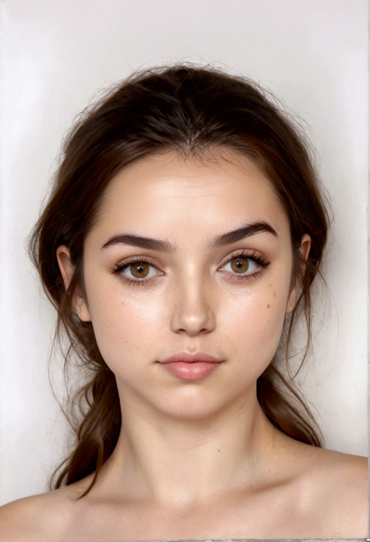 High quality passport photo of a young woman with short, wavy dark brown hair that falls just above her shoulders. Her hair is parted slightly off-center, with soft bangs that frame her forehead and taper off to the sides. The texture of her hair is gently tousled, her skin is light with neutral undertones,, Her eyes are large almond-shaped and black, framed by thick, naturally arched eyebrows that match her hair color, small straight nose and medium-full lips with a natural, pale pink hue, beauty mark just below her collarbone on the left side of her neck, her expression is neutral, with lips relaxed , natural look, detailed skin, imperfect skin, beauty marks, (blemish:0.8), 8k, highly detailed, full white background, soft light, she is naked,
