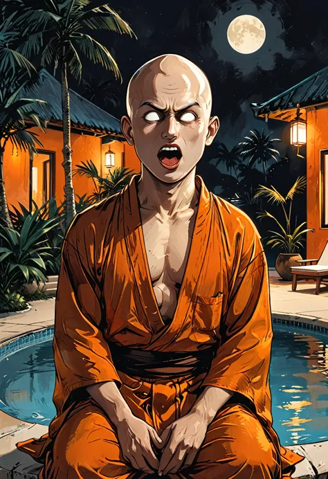 ((open mouth)),(night),portrait blind buddhist monk sitting with open mouth next to the pool at the white hotel, tropical, palm,...